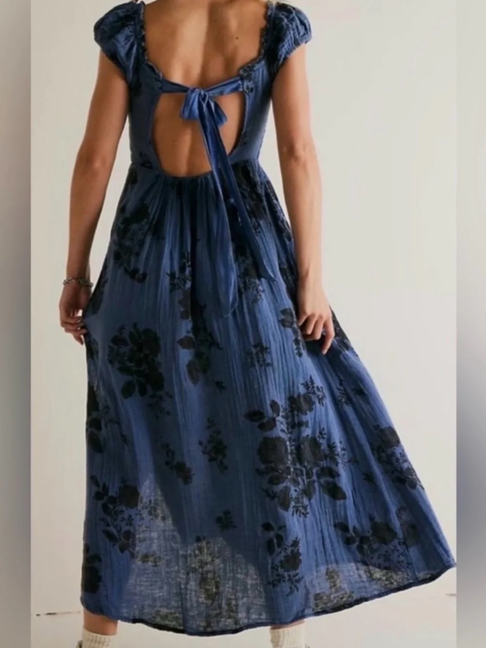 Free People “Forget Me Not” Blue Floral Backless Maxi Dress with Side Slit - Picture 2 of 5